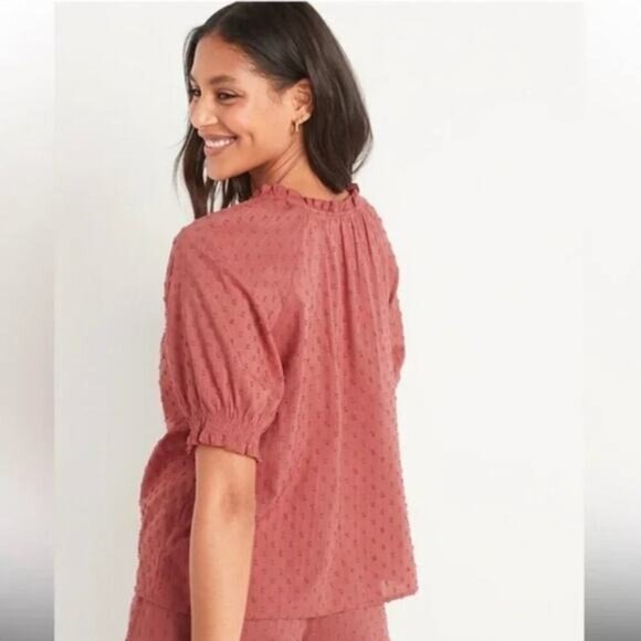 Old Navy clip-dot Top Women's Size 2X Smocked Sleeve Button Front Pullover Light - Picture 2 of 4